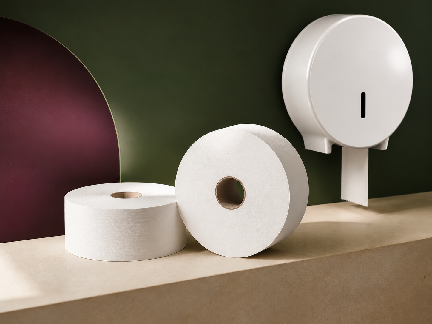 Rollos de papel higiénico institucional con dispensador de plástico blanco
